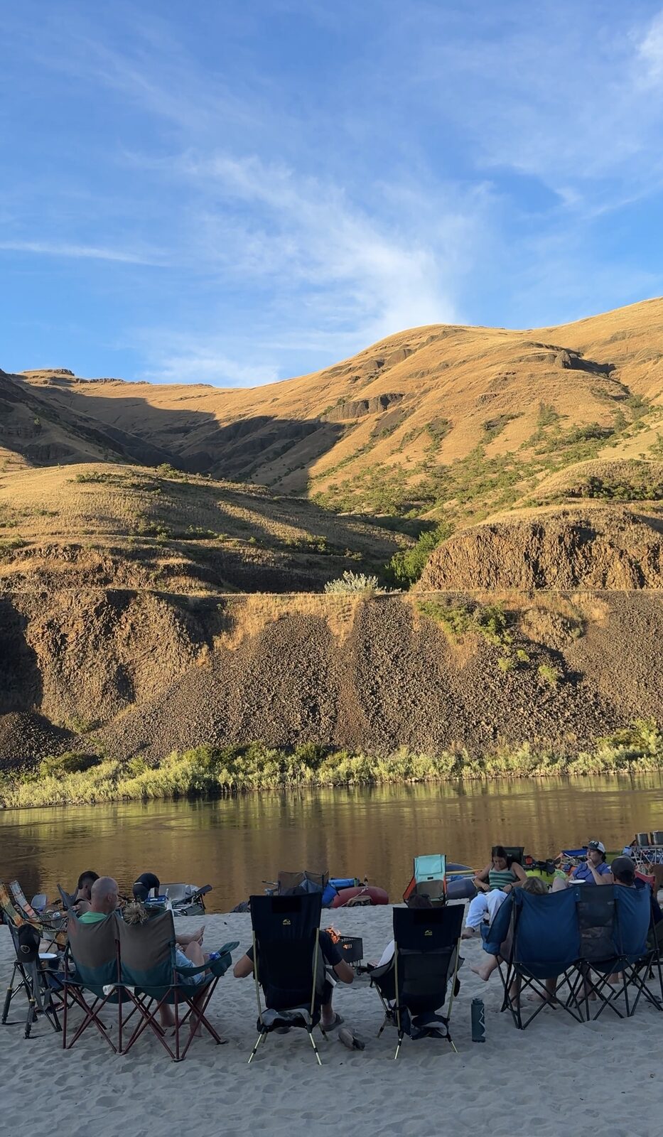 Rafts on a large sandy beach along Idaho's Lower Salmon River