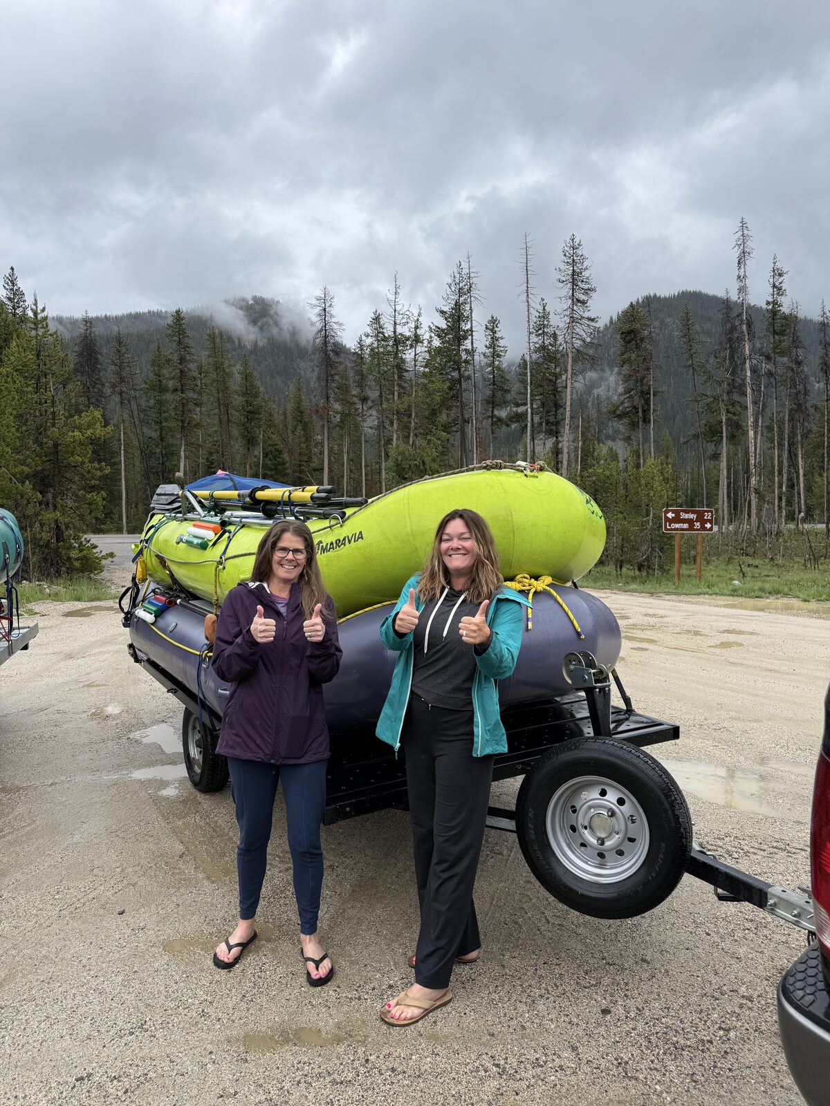 Misty and Jen with their loaded rafts before launching the Middle Fork of the Salmon River